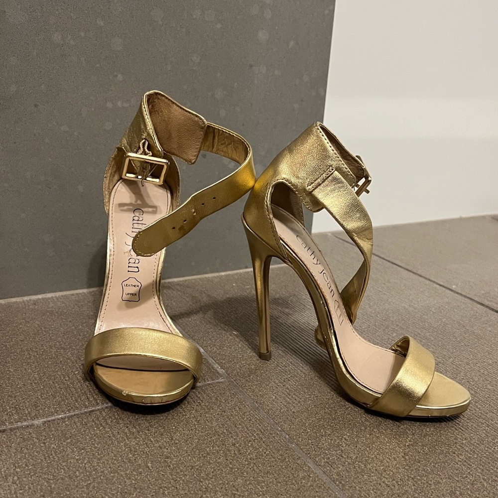 Cathy Jean gold ankle strap heels